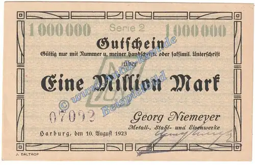 Harburg Niemeyer , Banknote 1 Million Mark Schein in kfr. Keller 2208.b , Niedersachsen 1923 Grossnotgeld Inflation