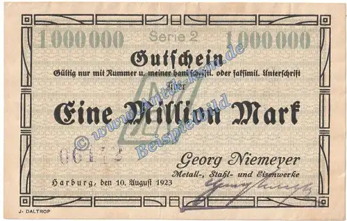 Harburg Niemeyer , Banknote 1 Million Mark Schein in L-gbr. Keller 2208.b , Niedersachsen 1923 Grossnotgeld Inflation