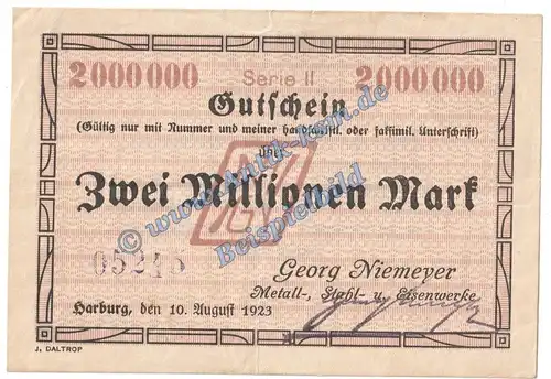 Harburg Niemeyer , Banknote 2 Millionen Mark Schein in L-gbr. Keller 2208.b , Niedersachsen 1923 Grossnotgeld Inflation