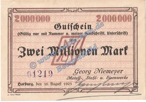 Harburg Niemeyer , Banknote 2 Millionen Mark Schein in L-gbr. Keller 2208.a , Niedersachsen 1923 Grossnotgeld Inflation