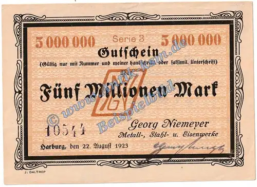 Harburg Niemeyer , Banknote 5 Millionen Mark Schein in kfr. Keller 2208.c , Niedersachsen 1923 Grossnotgeld Inflation