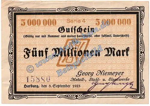 Harburg Niemeyer , Banknote 5 Millionen Mark Schein in gbr. Keller 2208.d , Niedersachsen 1923 Grossnotgeld Inflation