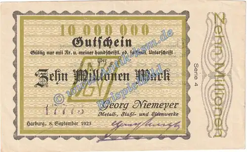 Harburg Niemeyer , Banknote 10 Millionen Mark Schein in kfr. Keller 2208.d , Niedersachsen 1923 Grossnotgeld Inflation