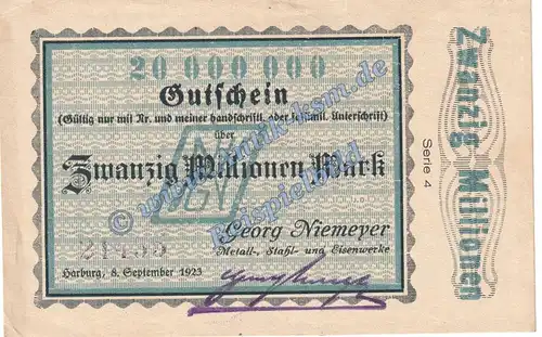 Harburg Niemeyer , Banknote 20 Millionen Mark Schein in kfr. Keller 2208.d , Niedersachsen 1923 Grossnotgeld Inflation