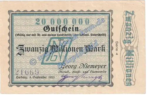 Harburg Niemeyer , Banknote 20 Millionen Mark Schein in L-gbr. Keller 2208.d , Niedersachsen 1923 Grossnotgeld Inflation