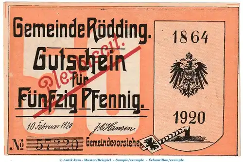 Notgeld Gemeinde Rödding 1131.3.c , 50 Pfennig -Fehldruck- in kfr. von 1920 , Schleswig Holstein Seriennotgeld