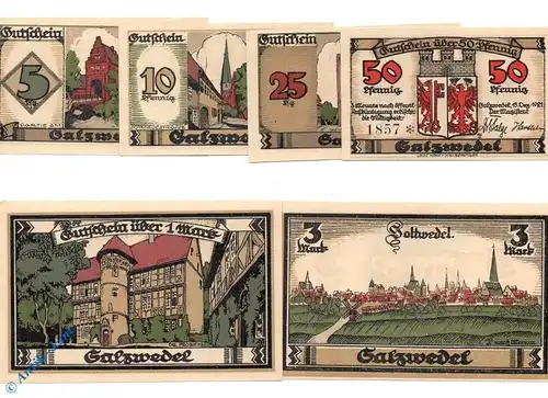 Notgeld Salzwedel , Satz mit 6 Scheinen , Mehl Grabowski 1162.2 a , von 1921 , Sachsen Anhalt Seriennotgeld