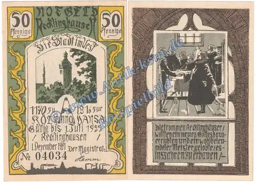 Recklinghausen , Notgeld 50 Pfennig Schein Nr.1 in kfr. M-G 1103.1.a , Westfalen 1921 Seriennotgeld