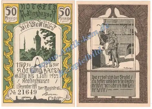 Recklinghausen , Notgeld 50 Pfennig Schein Nr.3 in kfr. M-G 1103.1.a , Westfalen 1921 Seriennotgeld