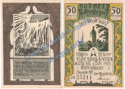Recklinghausen , Notgeld 50 Pfennig Schein Nr.5 in kfr. M-G 1103.1.a , Westfalen 1921 Seriennotgeld
