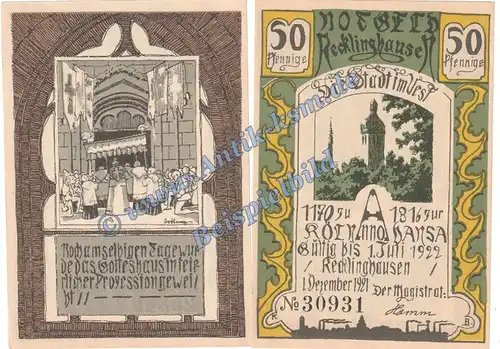 Recklinghausen , Notgeld 50 Pfennig Schein Nr.6 in kfr. M-G 1103.1.a , Westfalen 1921 Seriennotgeld