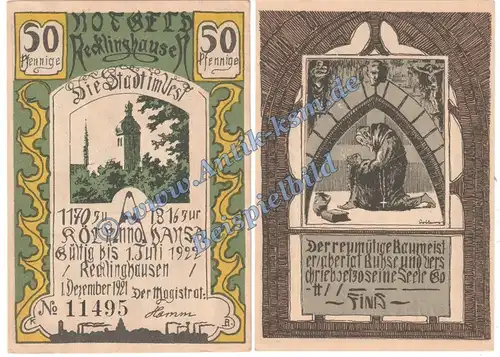 Recklinghausen , Notgeld 50 Pfennig Schein Nr.7 in kfr. M-G 1103.1.a , Westfalen 1921 Seriennotgeld