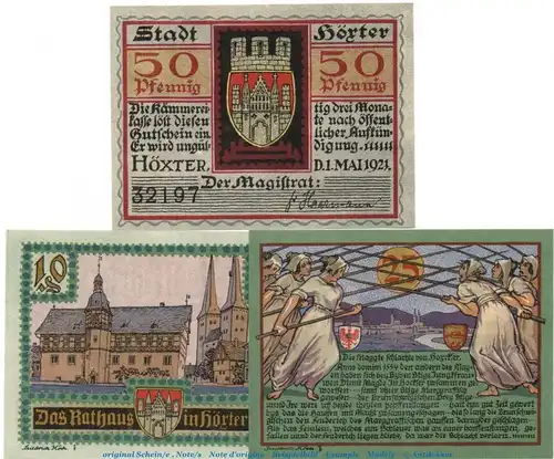 Notgeld Stadt Höxter 618.1 , Set mit 3 Scheinen in kfr. von 1921 , Westfalen Seriennotgeld