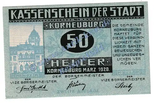 Korneuburg , Notgeld 50 Heller Schein -blau- in kfr. K-K 466.d Notgeld 1920 Niederösterreich