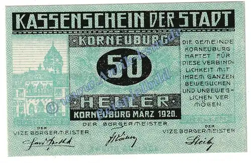 Korneuburg , Notgeld 50 Heller Schein -grün- in kfr. K-K 466.f Notgeld 1920 Niederösterreich