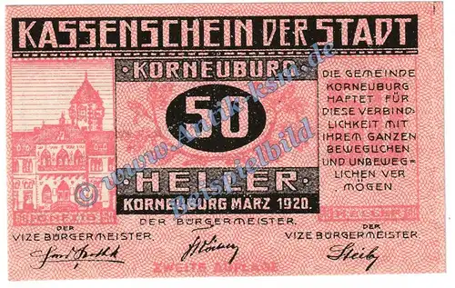 Korneuburg , Notgeld 50 Heller Schein -rosa- in kfr. K-K 466.g Notgeld 1920 Niederösterreich