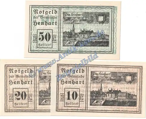 Henhart , Notgeld Set mit 3 Scheinen in kfr. K-K 366.a , Notgeld 1920 Oberösterreich