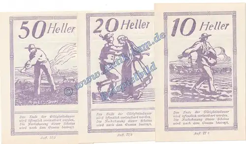 Pischelsdorf , Notgeld Set mit 3 Scheinen in kfr. K-K S752.IV Notgeld 1920 Oberösterreich
