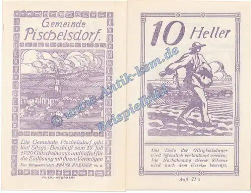 Pischelsdorf , Notgeld 10 Heller Schein in kfr. K-K S752.IV Notgeld 1920 Oberösterreich