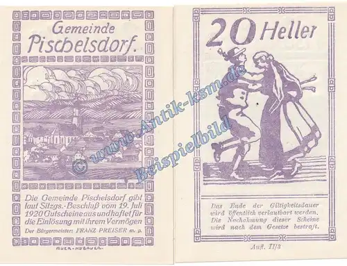 Pischelsdorf , Notgeld 20 Heller Schein in kfr. K-K S752.IV Notgeld 1920 Oberösterreich