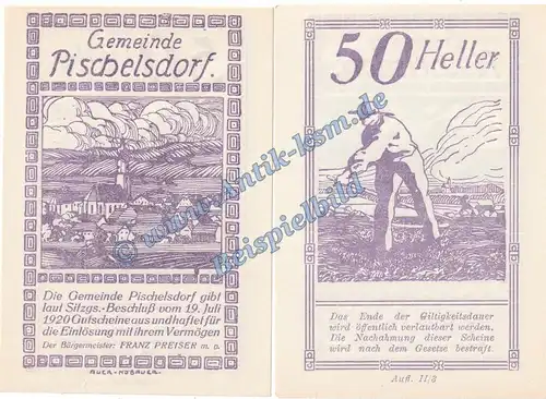 Pischelsdorf , Notgeld 50 Heller Schein in kfr. K-K S752.IV Notgeld 1920 Oberösterreich