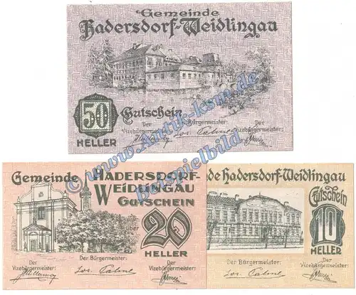Hadersdorf , Notgeld Set mit 3 Scheinen in kfr. K-K 326 Notgeld 1920 Niederösterreich