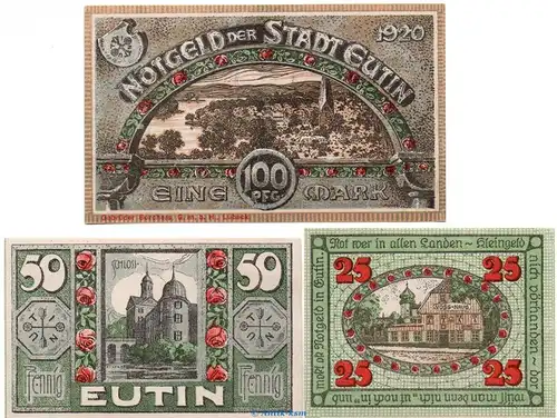 Notgeld Stadt Eutin 359.1 , Set mit 3 Scheinen in kfr. von 1920 , Schleswig Holstein Seriennotgeld