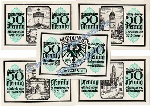 Nördlingen , Notgeld Set mit 5 Scheinen in kfr. M-G 978.9 , Bayern 1918 Seriennotgeld