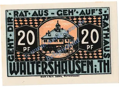 Waltershausen , Notgeld 20 Pfennig Schein in kfr. M-G 1374.1 , Thüringen 1921 Seriennotgeld