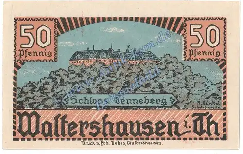 Waltershausen , Notgeld 50 Pfennig Schein in kfr. M-G 1374.1 , Thüringen 1921 Seriennotgeld