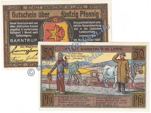 Barntrup , Notgeld 50 Pfennig Schein Nr.1 in kfr. M-G 66.1 , Westfalen 1921 Seriennotgeld