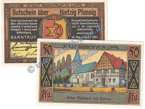 Barntrup , Notgeld 50 Pfennig Schein Nr.2 in kfr. M-G 66.1 , Westfalen 1921 Seriennotgeld