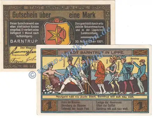 Barntrup , Notgeld 1 Mark Schein Nr.1 in kfr. M-G 66.1 , Westfalen 1921 Seriennotgeld