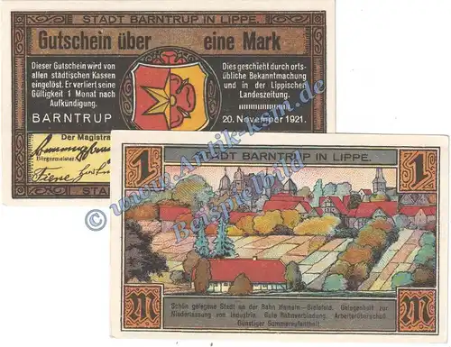 Barntrup , Notgeld 1 Mark Schein Nr.2 in kfr. M-G 66.1 , Westfalen 1921 Seriennotgeld