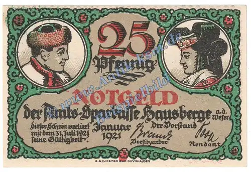 Hausberge , Notgeld 25 Pfennig Schein in kfr. M-G 585.1.a , Westfalen 1921 Seriennotgeld