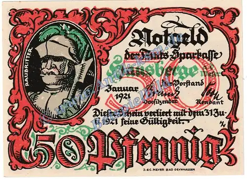 Hausberge , Notgeld 50 Pfennig Schein -B- in kfr. M-G 585.1.a , Westfalen 1921 Seriennotgeld