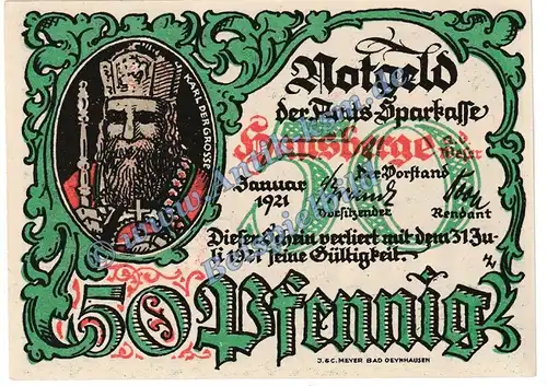 Hausberge , Notgeld 50 Pfennig Schein -C- in kfr. M-G 585.1.a , Westfalen 1921 Seriennotgeld