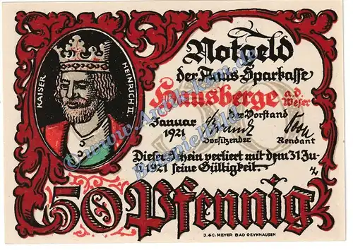 Hausberge , Notgeld 50 Pfennig Schein -D- in kfr. M-G 585.1.a , Westfalen 1921 Seriennotgeld