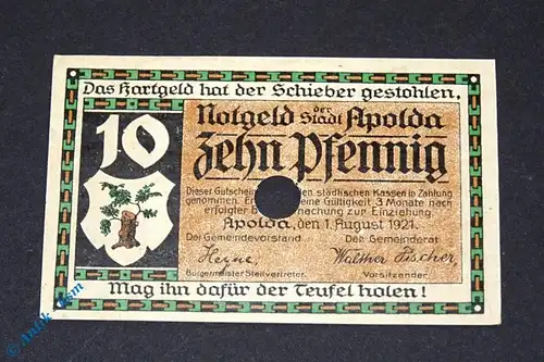 Notgeld Apolda , Musterschein , 10 Pfennig Strickjacken , Mehl Grabowski 36.1 M , von 1921 , Thüringen Seriennotgeld