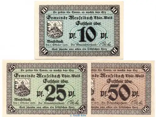 Notgeld Gemeinde Meuselbach , Set mit 3 Scheinen in kfr. Tieste 4520.05.01-03 von 1920 , Thüringen Verkehrsausgabe