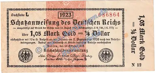 Banknote , 1,05 Mark Gold in gbr. WBN-13.d, Ros.143, P.153-55 von 1923 , Wertbeständiges Notgeld