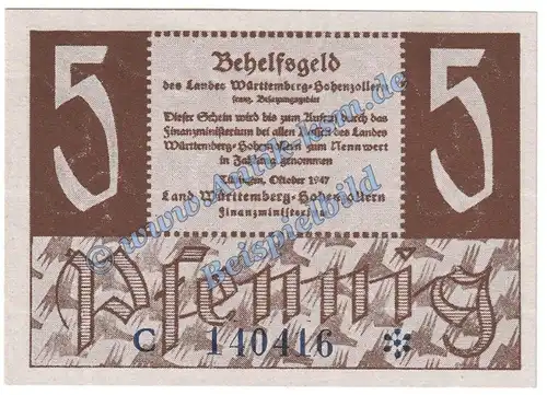 Banknote , 5 Pfennig Schein in kfr. FBZ-7, Ros.214, P.1007 , 1947 Alliierte Besatzung