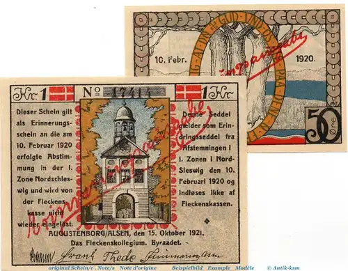 Notgeld Stadt Augustenburg , 54.2 Set mit 2 Scheinen in kfr. von 1921 , dänisch Nordschleswig Seriennotgeld