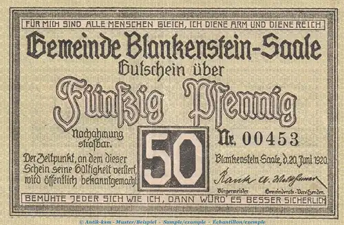 Notgeld Stadt Blankenstein , 50 Pfennig Schein in kfr. Tieste 0730.05.02 von 1920 , Thüringen Verkehrsausgabe