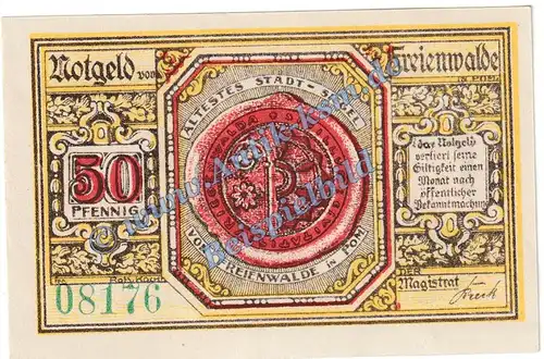 Freienwalde , Notgeld 50 Pfennig Schein -KN grün- in kfr. M-G 385.4 , Pommern o.D. Seriennotgeld