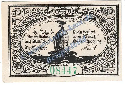 Freienwalde , Notgeld 10 Pfennig Schein -KN grün- in kfr. M-G 385.1.c , Pommern 1920 Seriennotgeld