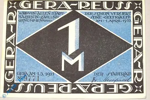 Notgeld Gera , 1 Mark Schein ohne Serie , Mehl Grabowski 420.1 , von 1921 , Thüringen Seriennotgeld