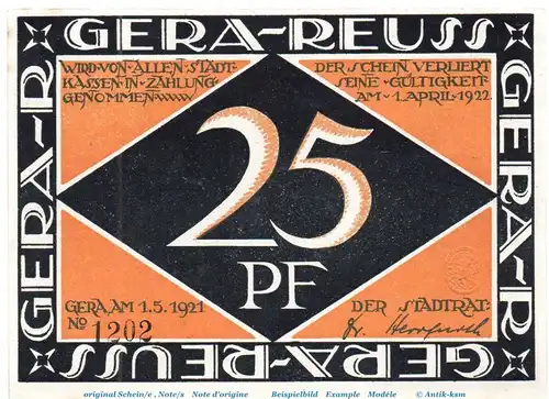 Notgeld Stadt Gera 420.1 , 25 Pfennig Schein ohne Serie in kfr. von 1921 , Thüringen Seriennotgeld