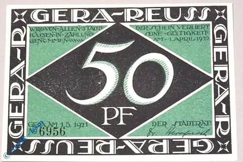 Notgeld Gera , 50 Pfennig Schein ohne Serie , Mehl Grabowski 420.1 , von 1921 , Thüringen Seriennotgeld