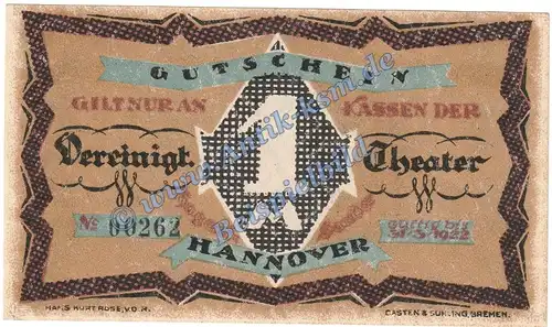 Hannover , Notgeld 1 Mark -Theater Hagen und Sanders- in kfr. M-G 576.1 , Niedersachsen o.D. Seriennotgeld